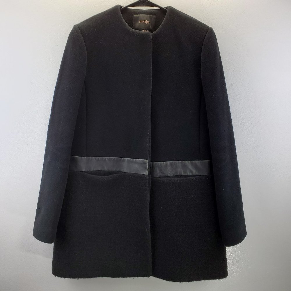 Maje Wool Cashmere Coat with Leather waist panel